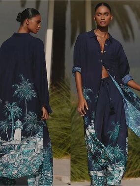 NWT $128 Anthropologie x Celandine Blue Long-Sleeve Sheer Maxi Shirt Dress S